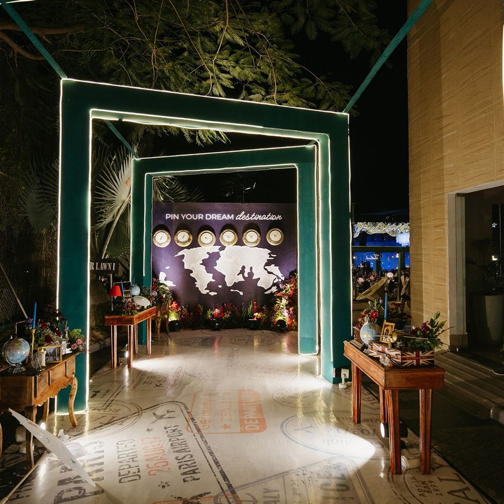 Travel theme Sangeet wedding celebration with spaces based on destinations the couple have travelled to