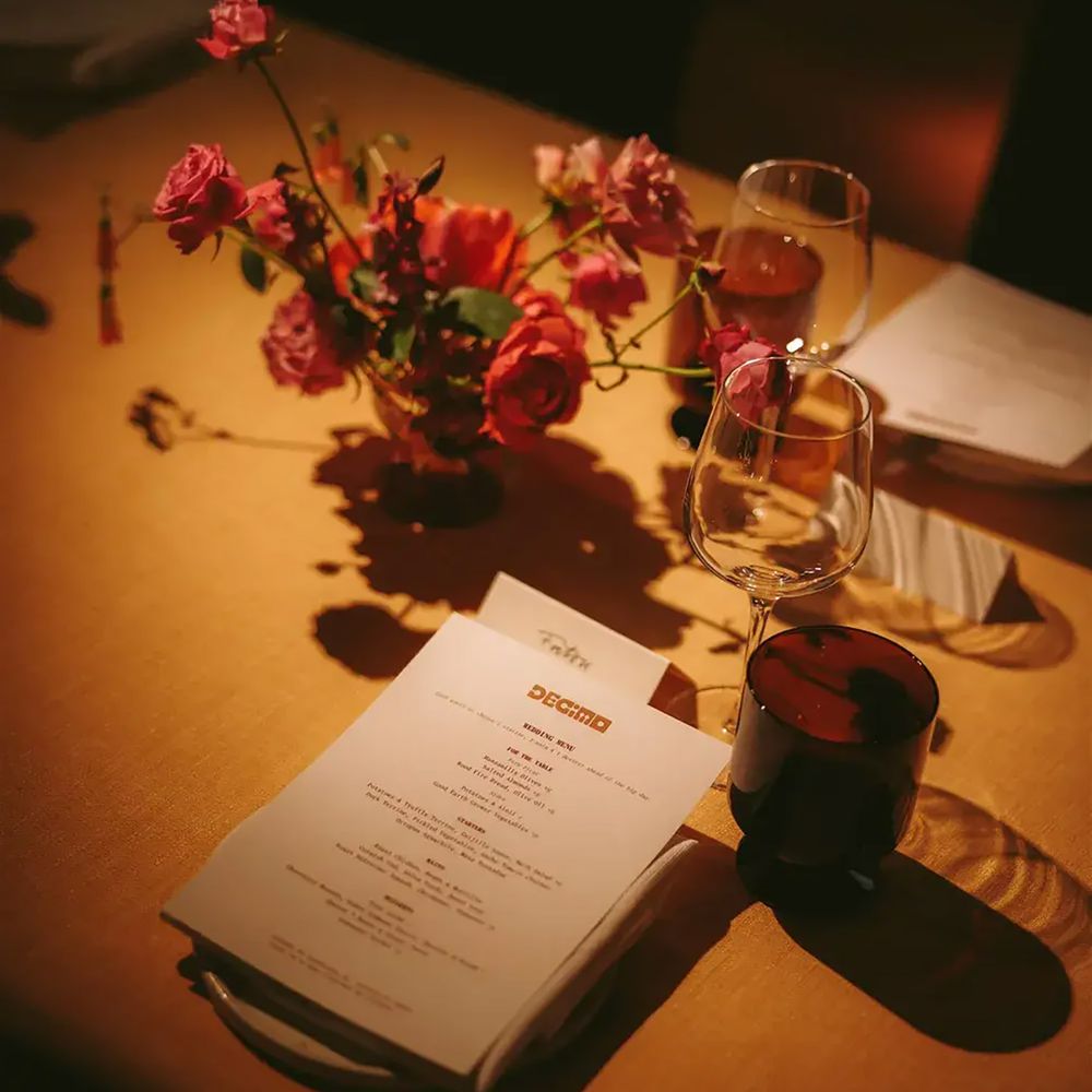 Engagement party wedding table styling, including menu and flowers at The Standard Hotel 