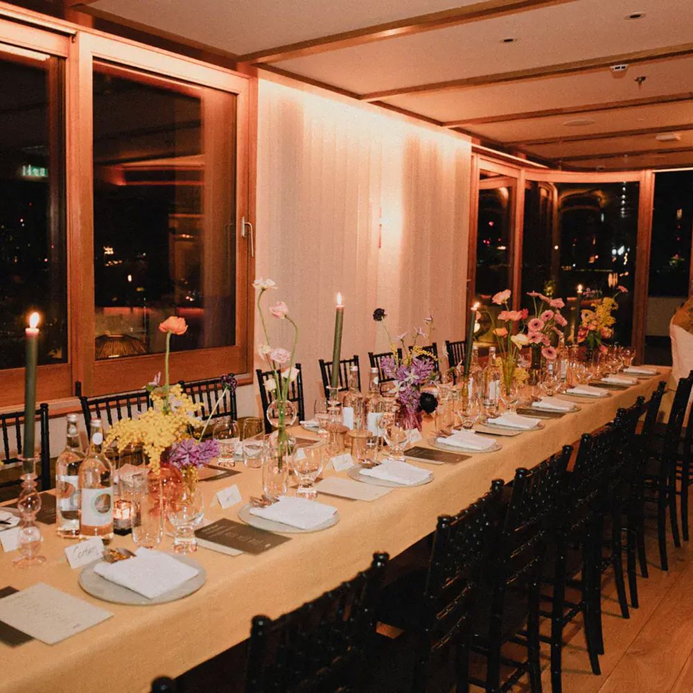 Engagement party table styling in The Townhouse event room at The Standard Hotel