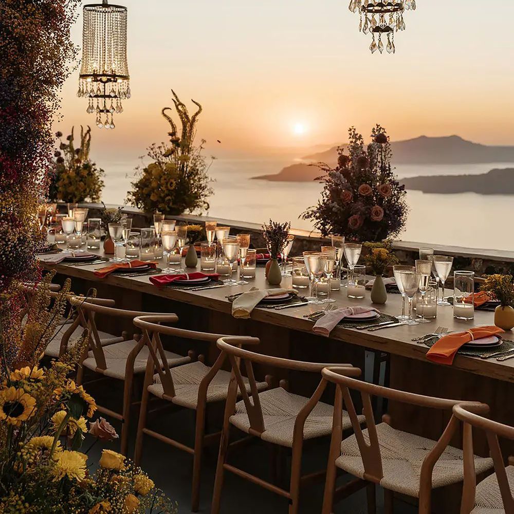 Outdoor destination wedding table at sunset in Santorini, Greece