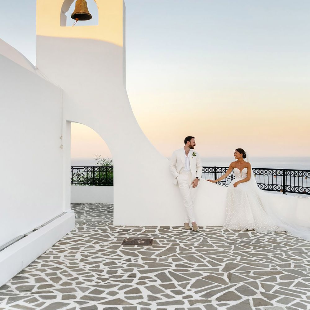 Bride and groom at destination wedding in Santorini, Greece