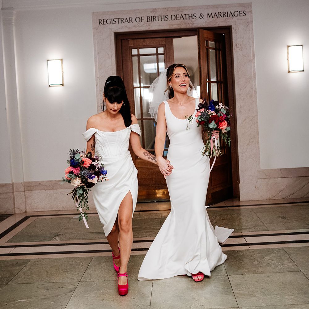 bride-in-mermaid-style-wedding-dress-and-bride-in-short-wedding-dress