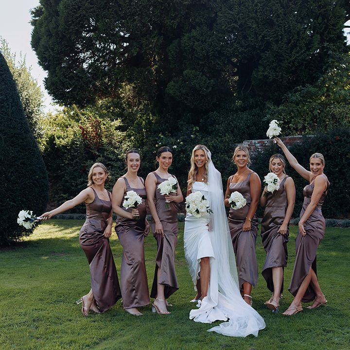 bridal-party-in-brown-satin-bridesmaid-dresses