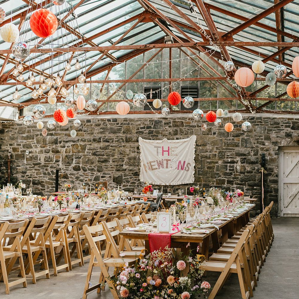 diy-wedding-banner-signage-with-paper-lanterns-and-disco-balls