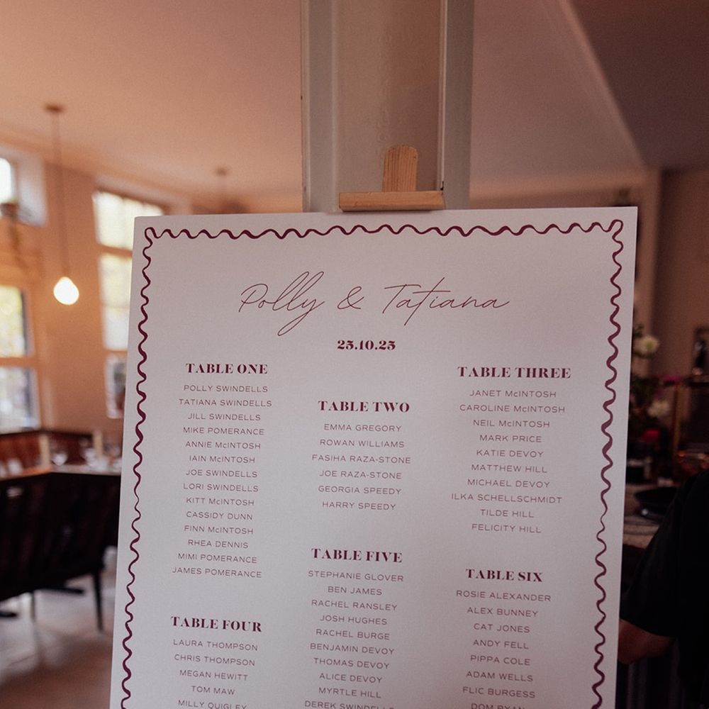 Wedding seating chart signage with wavy line border 
