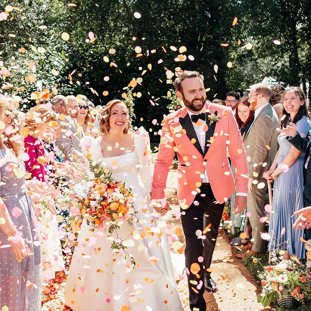 Colourful confetti wedding exit