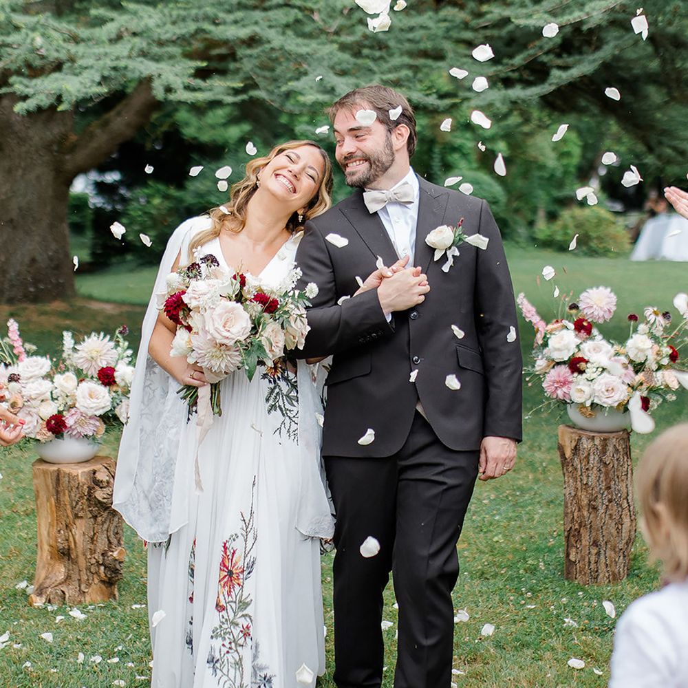 Confetti moment at outdoor boho style wedding