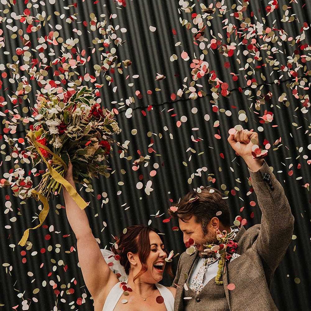 Confetti moment at retro style wedding