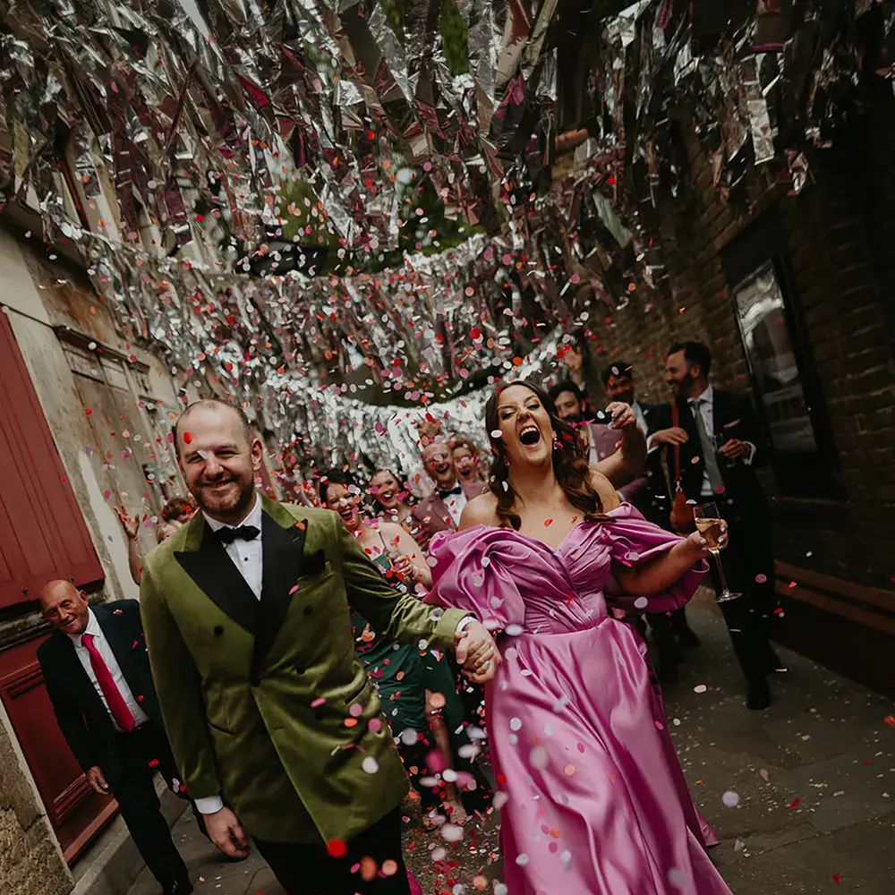 Metallic streamers and colourful wedding confetti