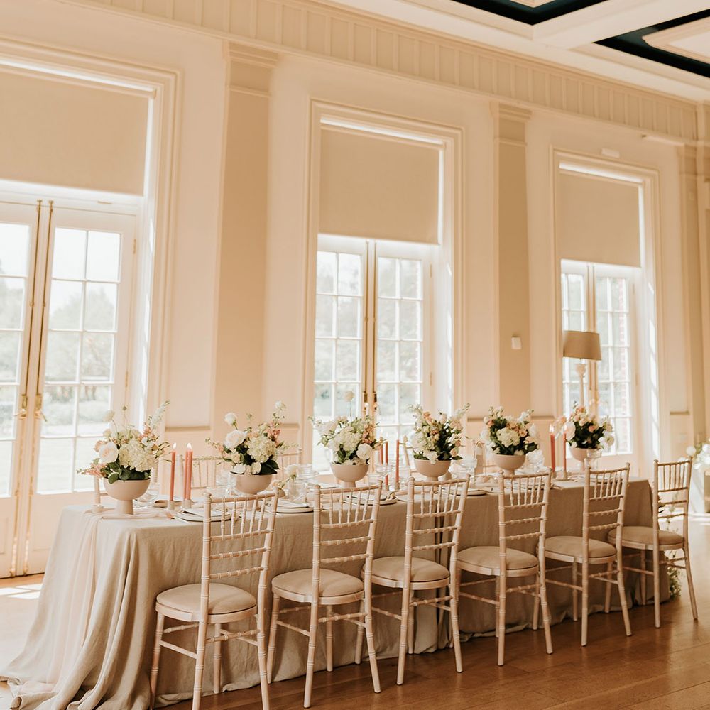 Hodsock Priory wedding breakfast with monochrome vibes