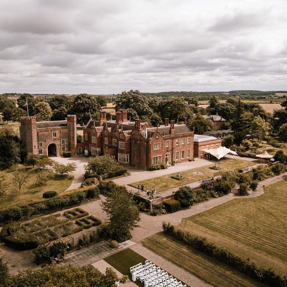 Hodsock Priory exterior aerial view 