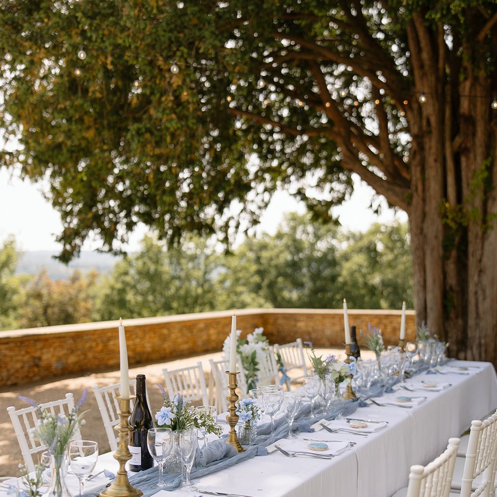 Blue and white table decor for banquet tables
