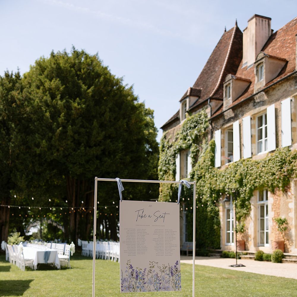 Blue hydrangea wedding seating chart sign