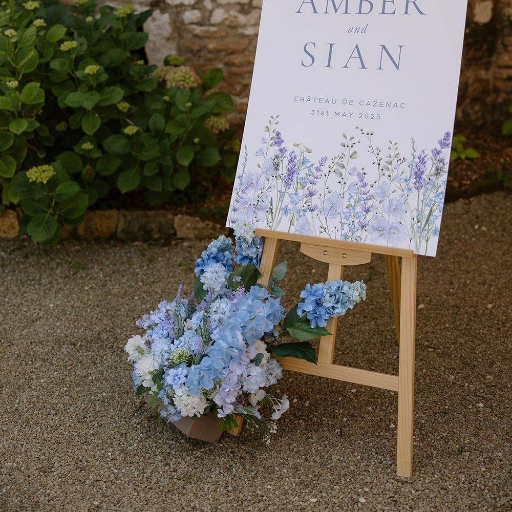 Blue hydrangeas wedding welcome signage 