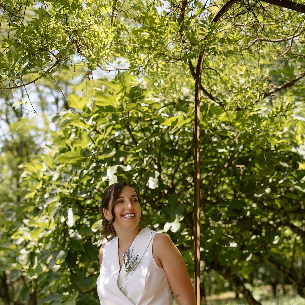 Bride in bespoke two piece bridal outfit 