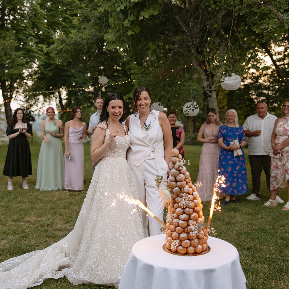 Croquembouche wedding dessert with sparkler 