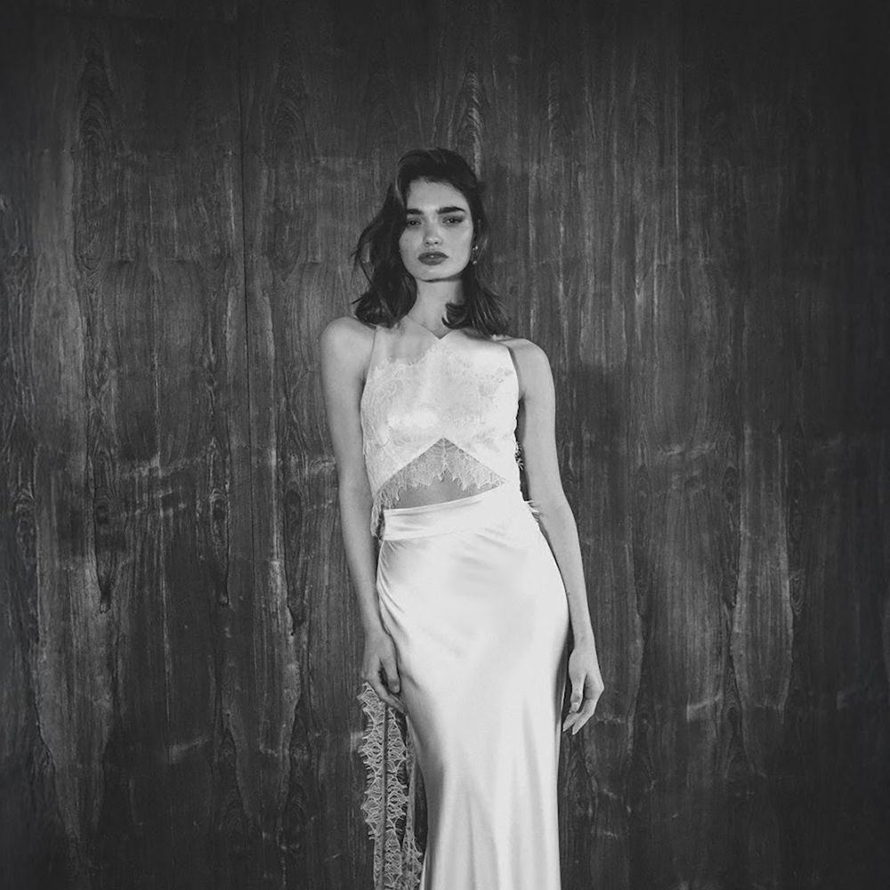 Satin wedding dress with lace detailing