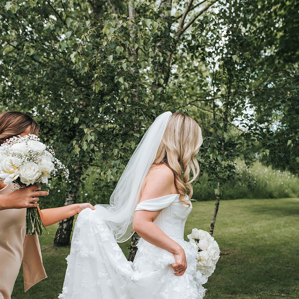 3d flower spring wedding dress with off the shoulder neckline