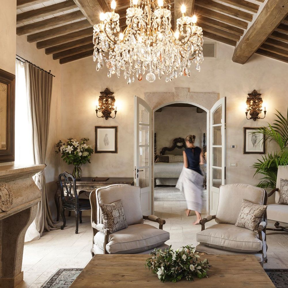 Borgo Santo Pietro sitting area with chandelier 