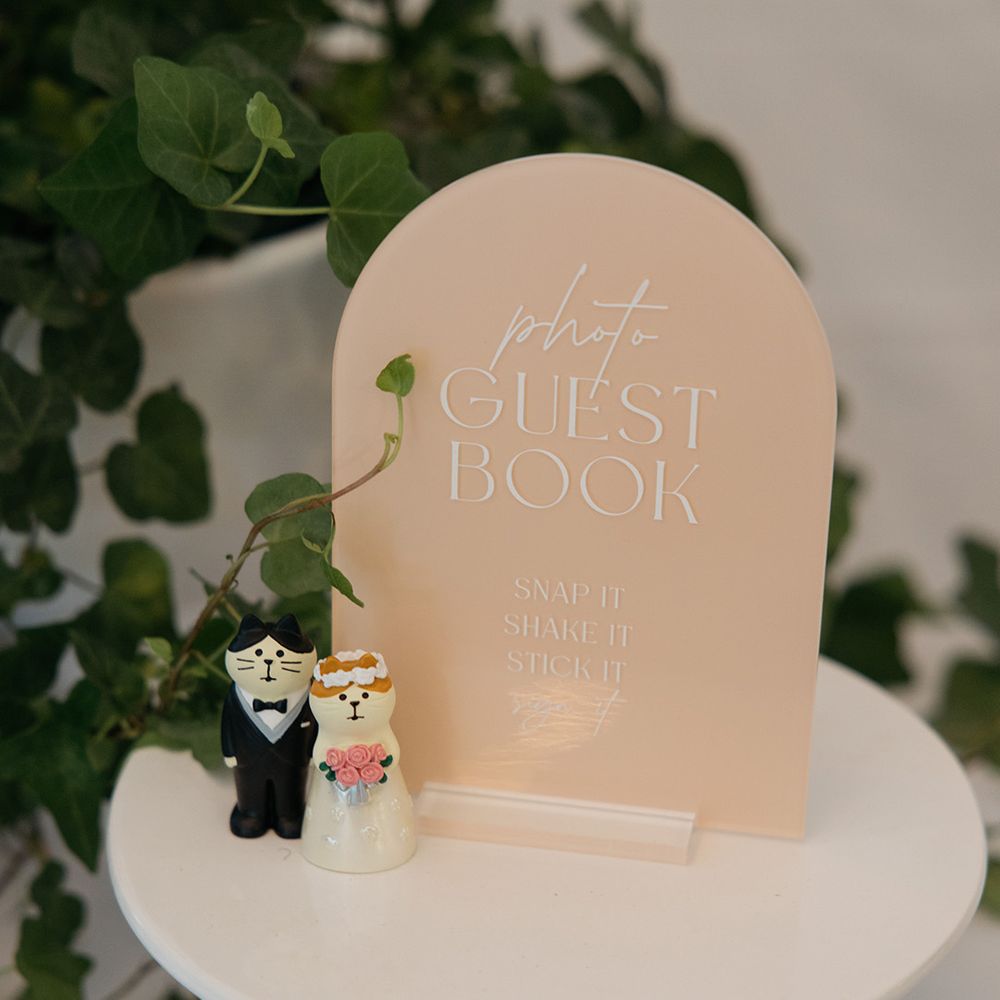 Cute pink arched guest book sign with mini cat figurines 