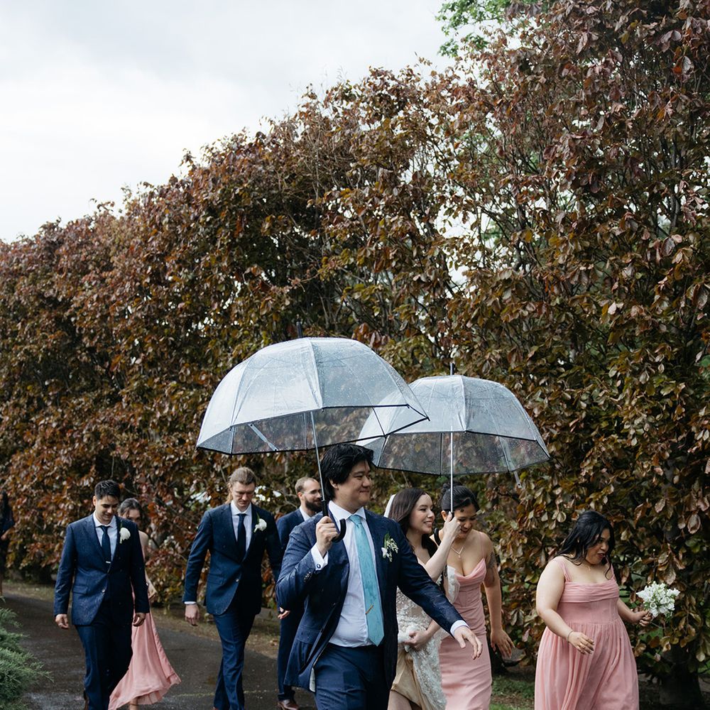 Wedding party walking under umbrellas 