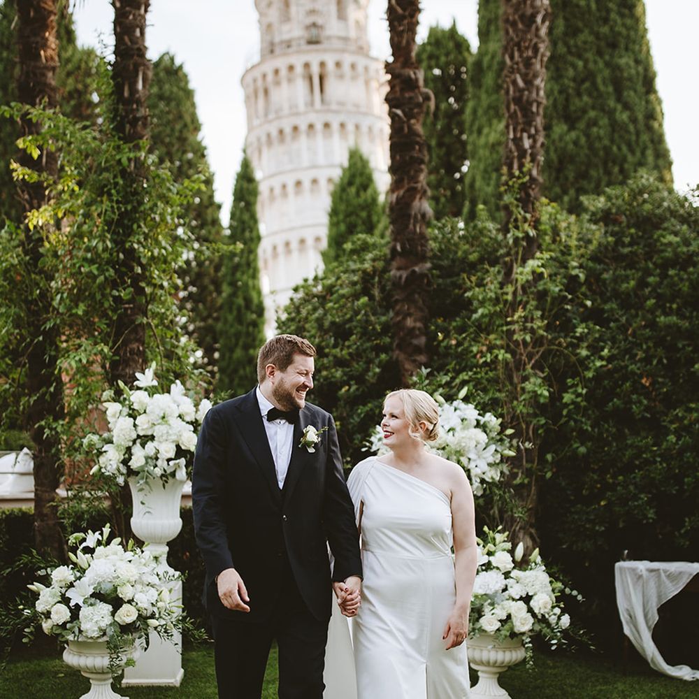 Couple walks down the aisle at Pisa wedding in Italy