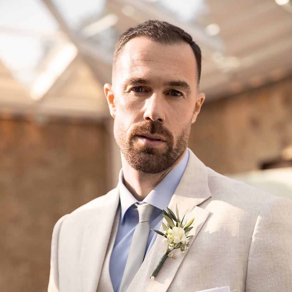 Hockerty custom cream three piece wedding suit