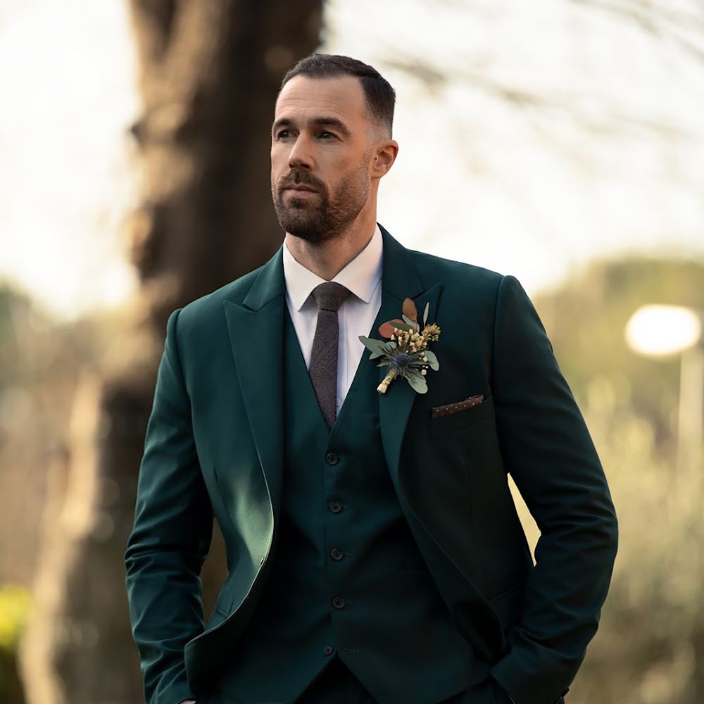 Hockerty green three piece custom wedding suit