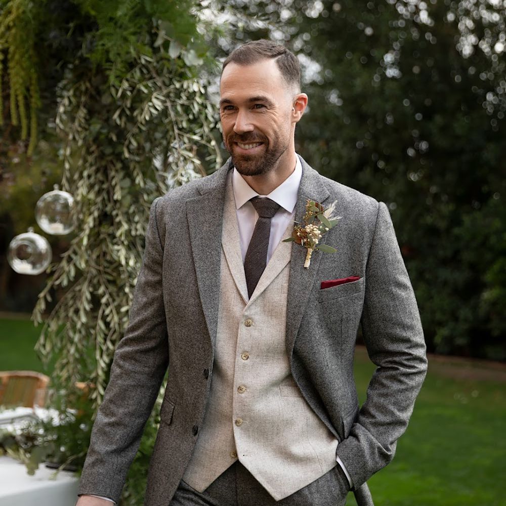 Hockerty custom grey three piece wedding suit with cream waistcoat