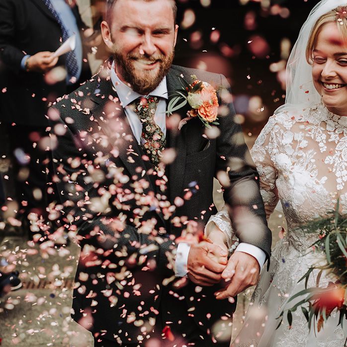 Confetti exit for couple with Shropshire Petals