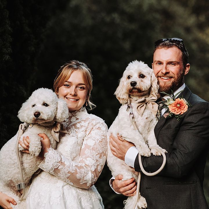 Bride and groom pose with their pet dogs 