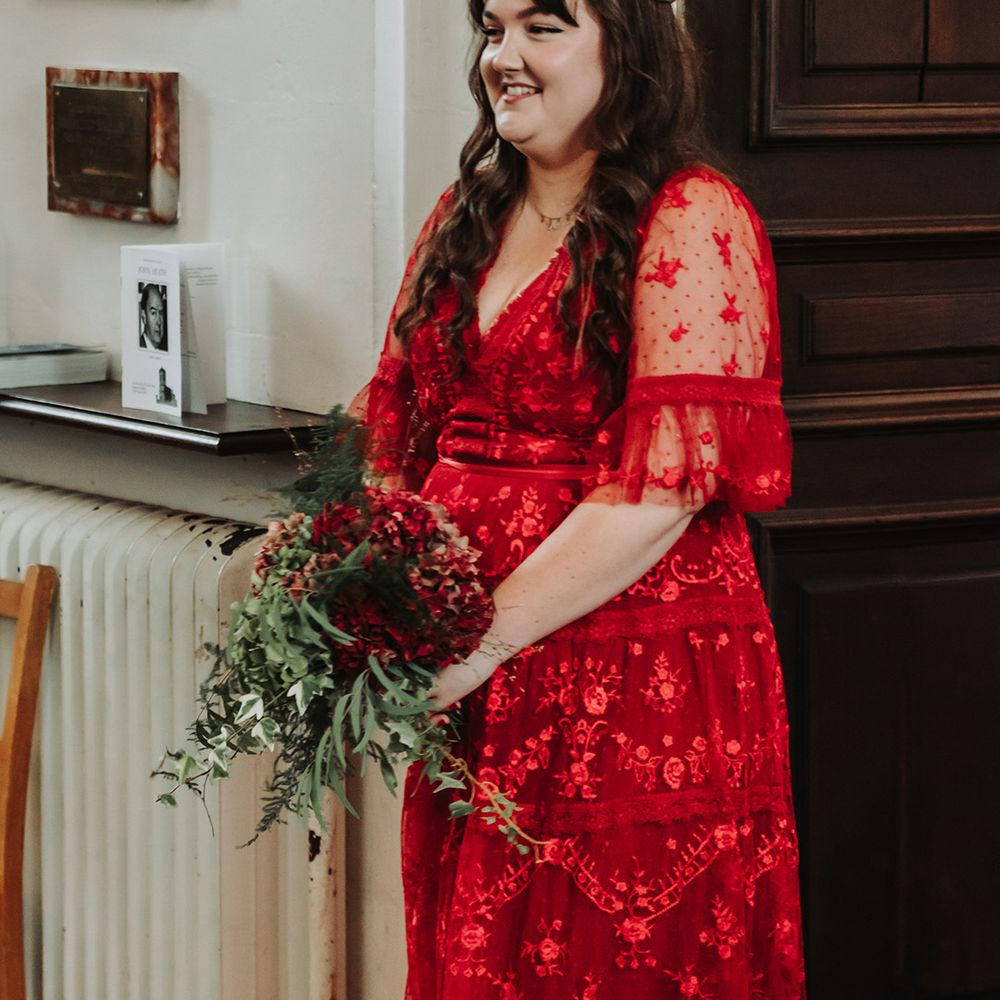 Needle and Thread red lace bridesmaid dress