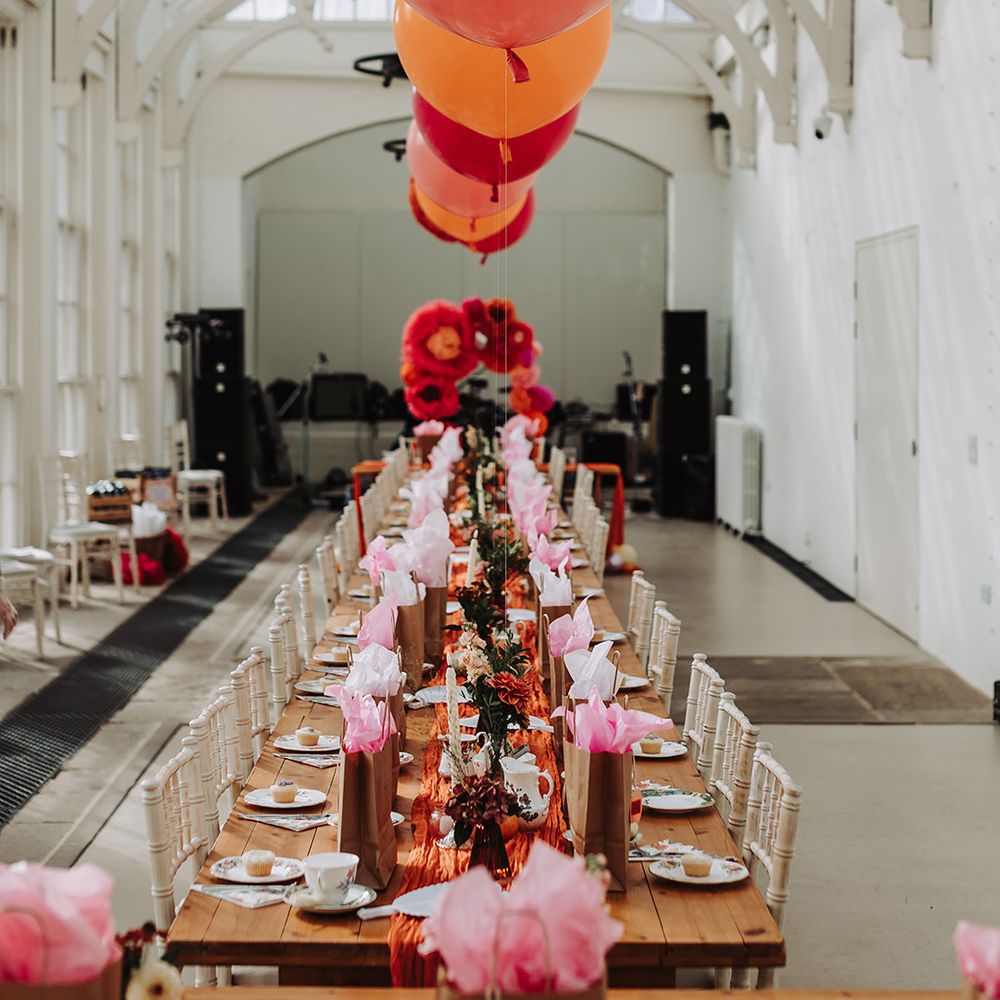 Pink and orange balloon decorations 