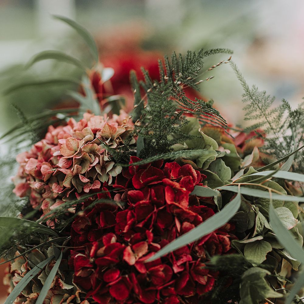 Red hydrangea wedding bouquet 