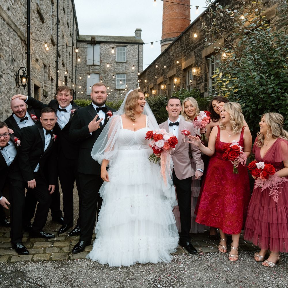 bride and groom with bridal party