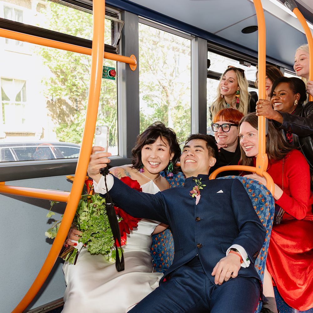 guests on bus to reception
