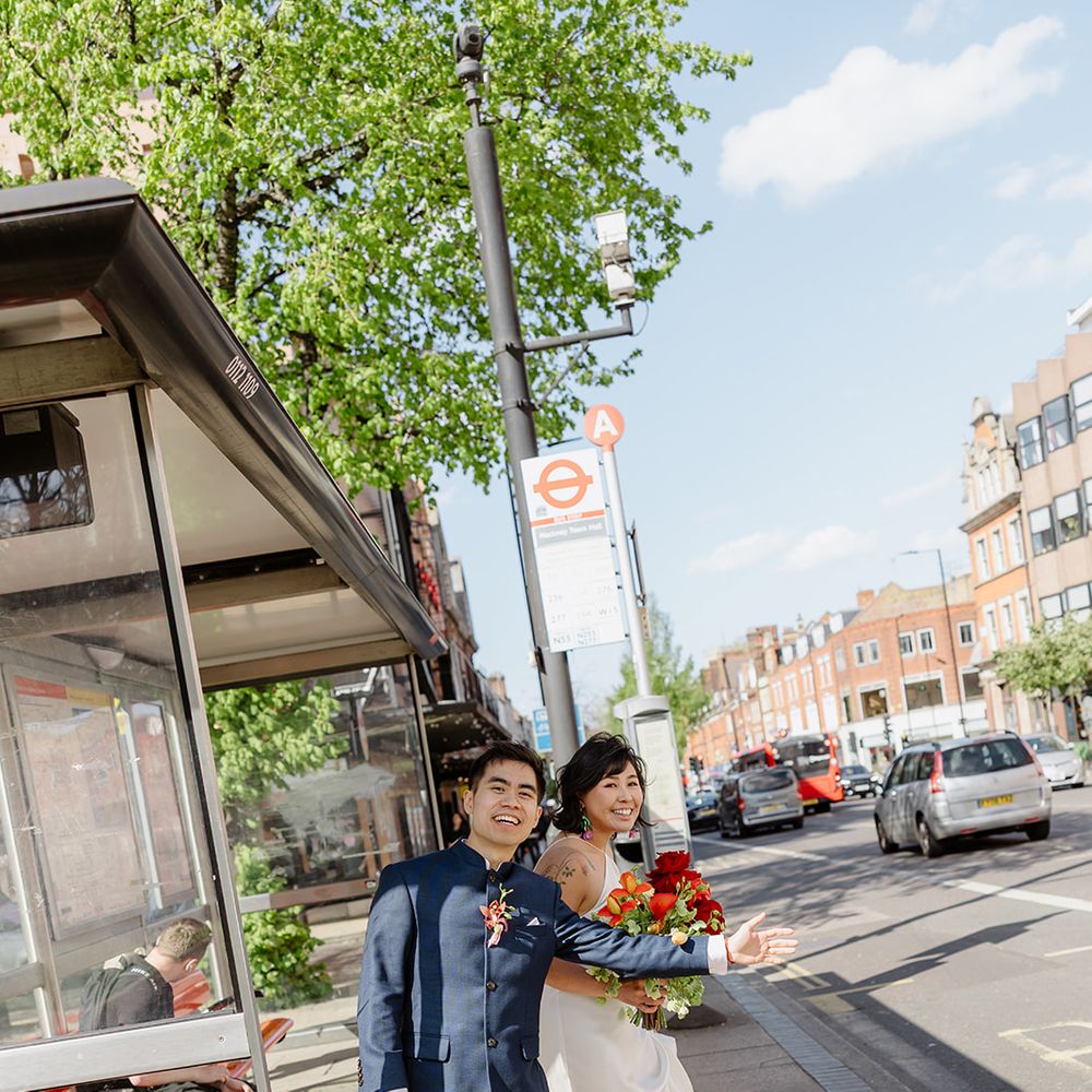 london wedding catching bus