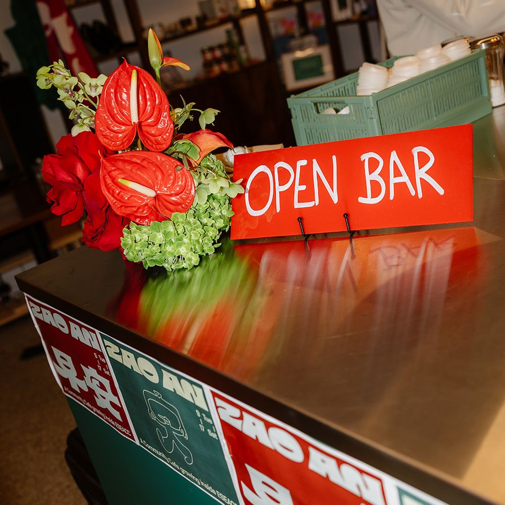 red decor open bar sign