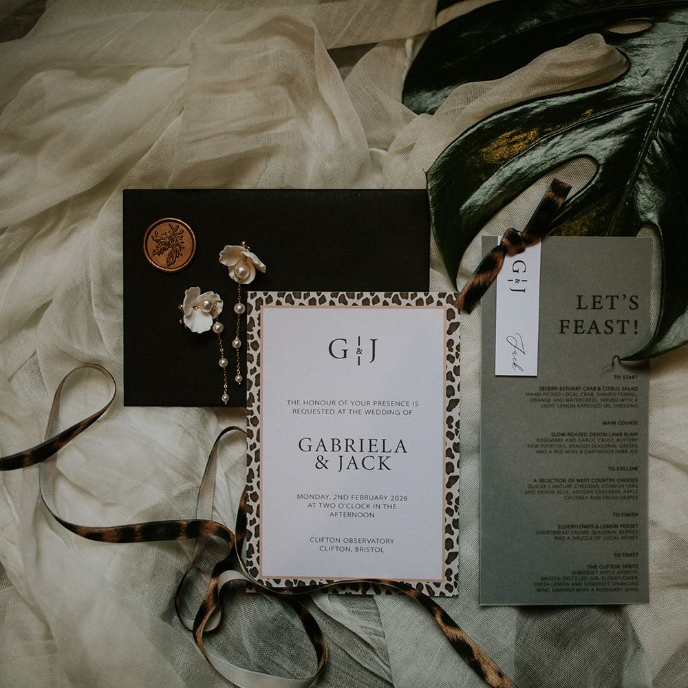 leopard print wedding invites and wedding menu