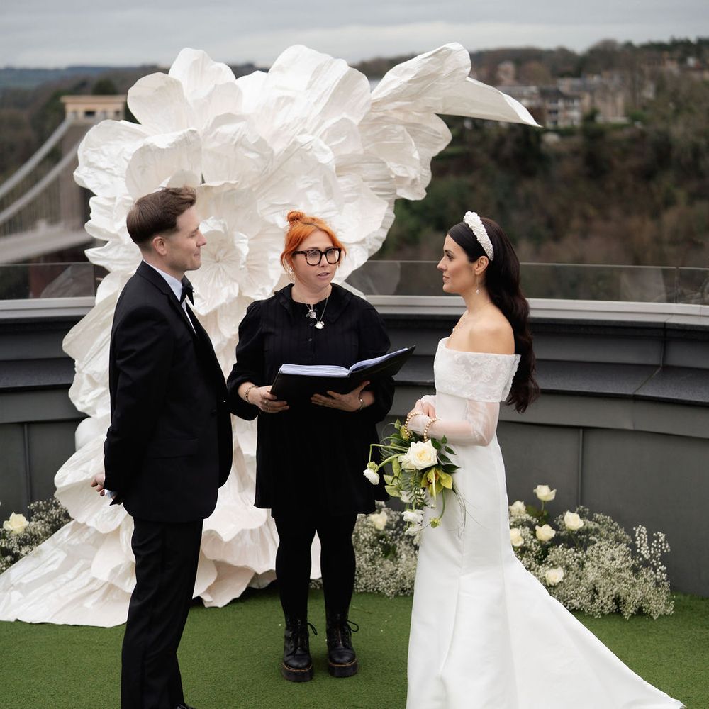 rooftop city wedding ceremony sculptural backdrop