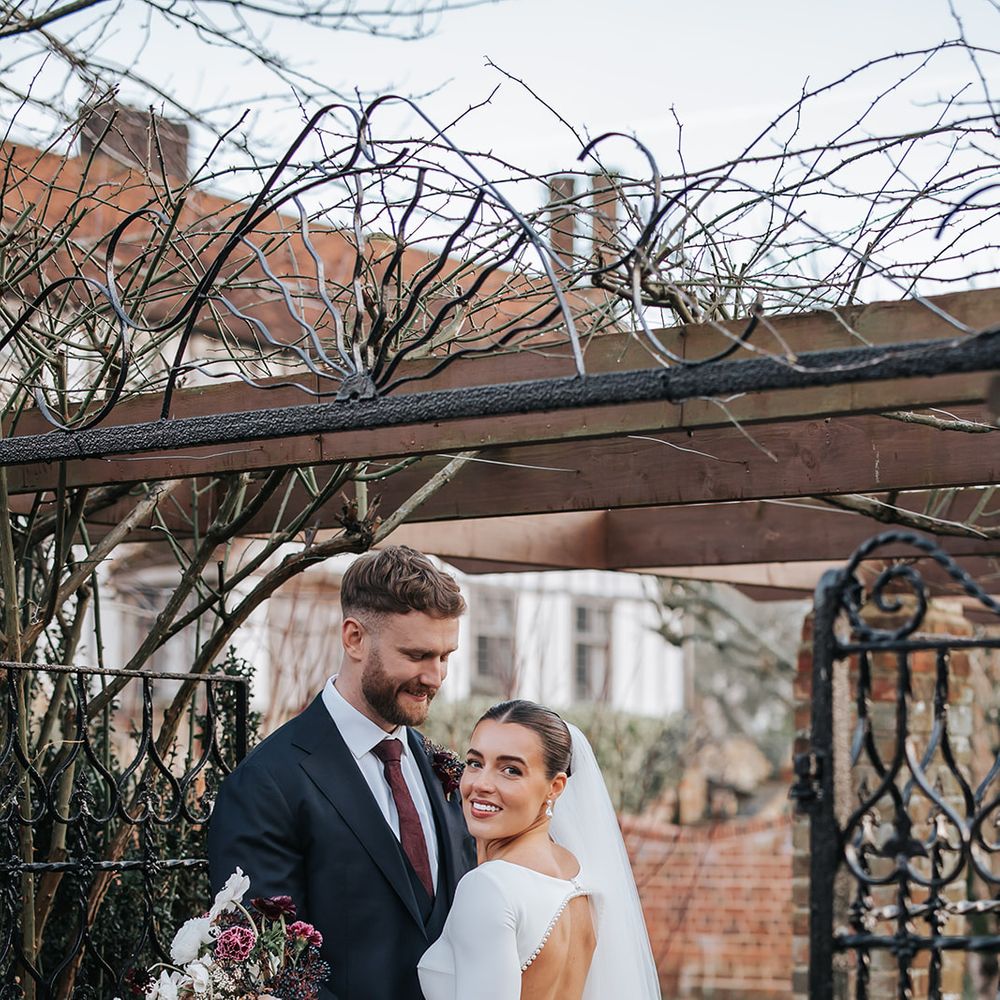 burgundy details open back wedding dress