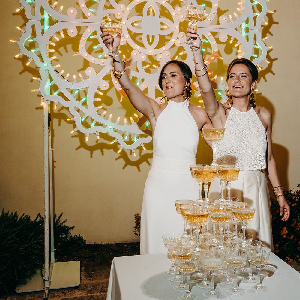 champagne tower with fairylight decor
