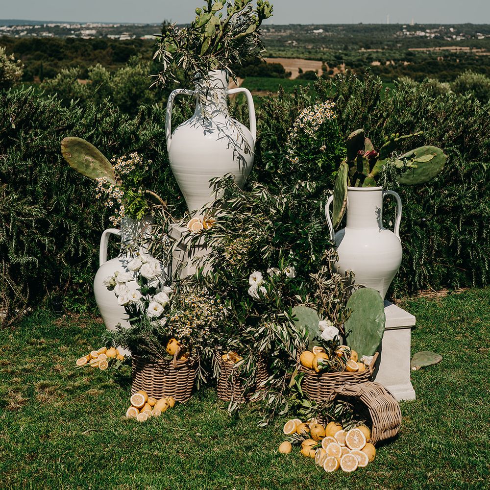 china pots with lemons greenery decor