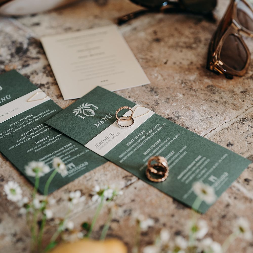 green and lemon wedding stationary