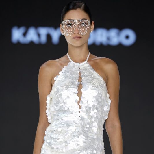 Katy Corso short bridal dress with white sequins, halter neck and crystal statement veil at Barcelona Bridal Fashion Week 2026