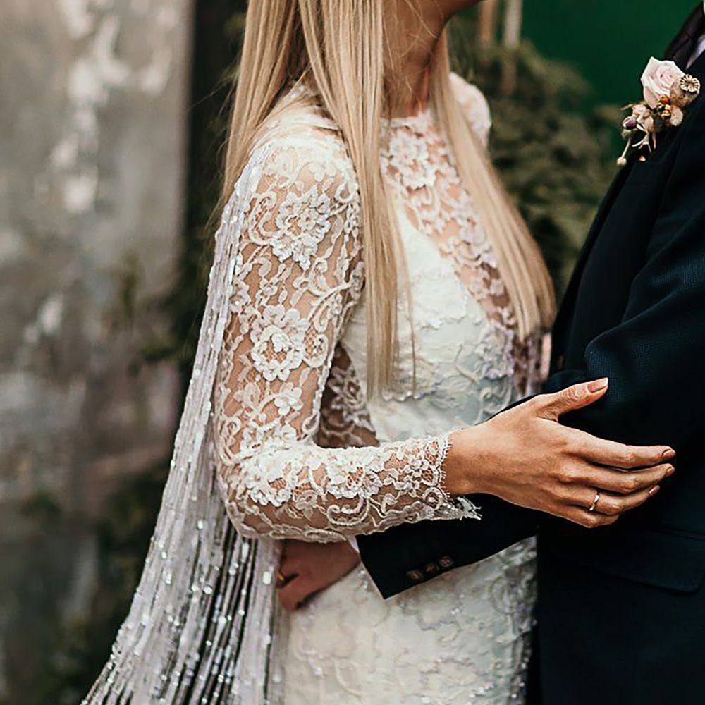 Lace beaded fringe wedding dress