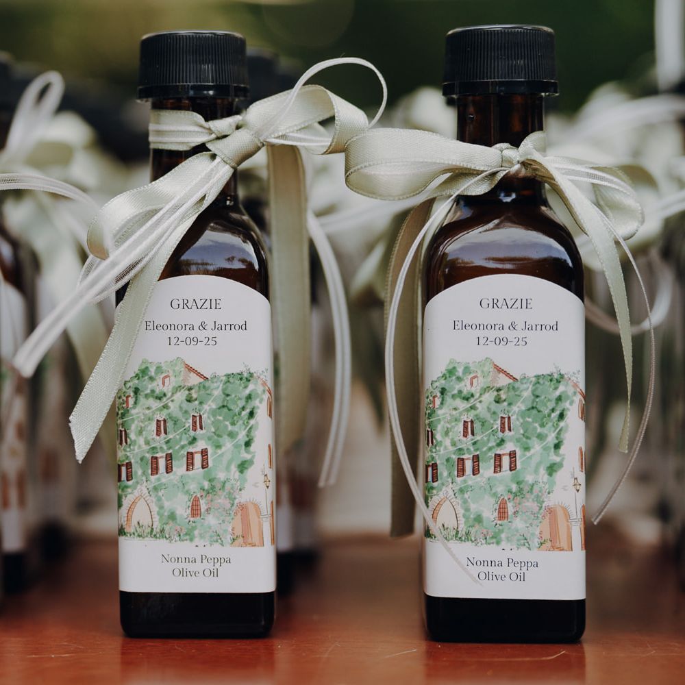 olive oil wedding favours custom label sage ribbon italian theme