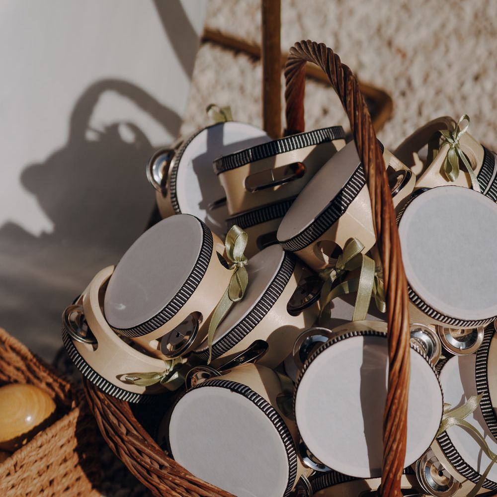 tambourine wedding ceremony props sage ribbon basket detail
