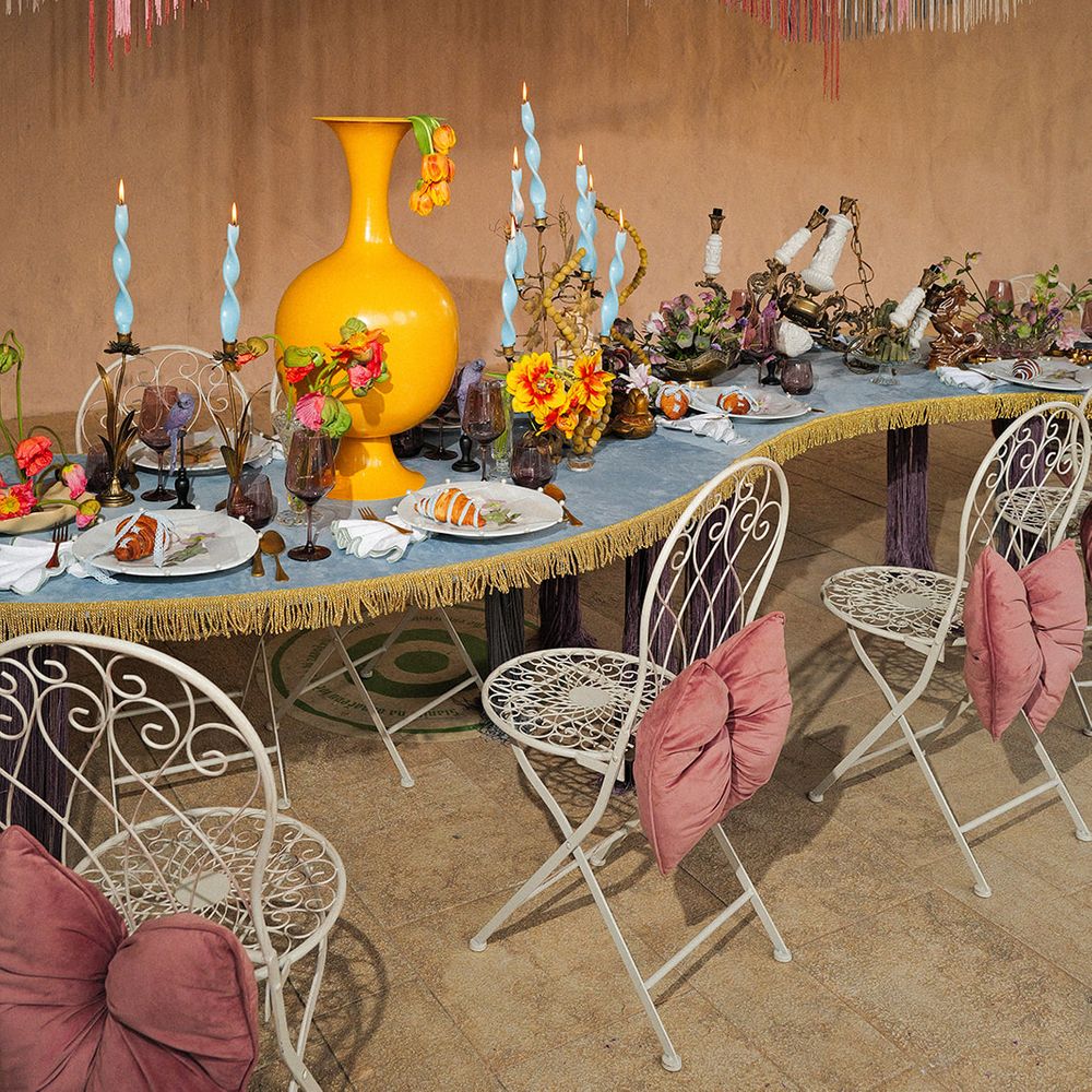 bold colourful wedding table blue yellow decor