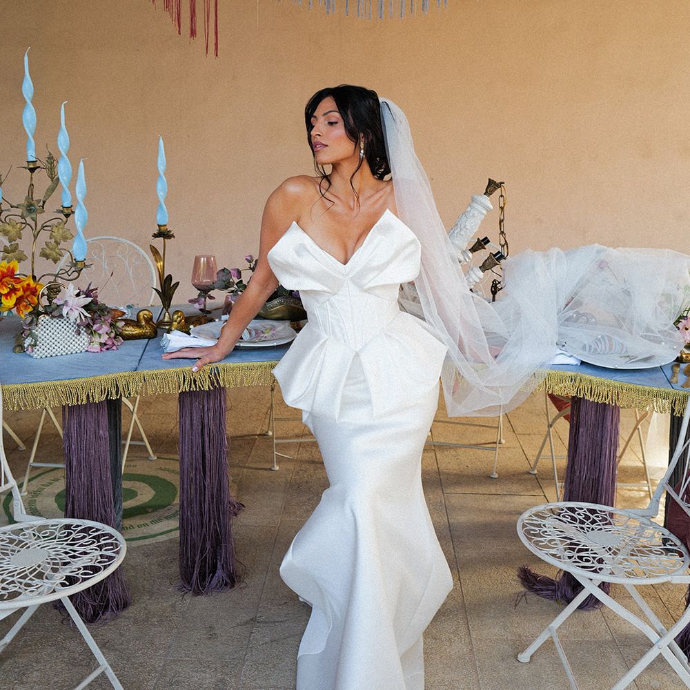 modern bride bow detail wedding dress colourful reception